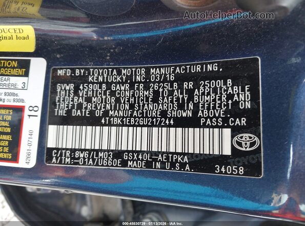 4T1BK1EB2GU217244 2016 TOYOTA AVALON Синий Вид подкапотного пространства