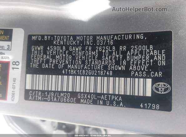 4T1BK1EB2GU218748 2016 TOYOTA AVALON Silver Շարժիչի բաժամունքի տեսք