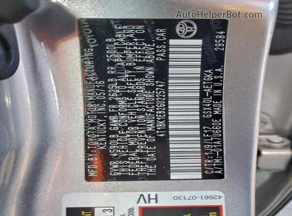 4T1BK1EB2GU225747 2016 TOYOTA AVALON Серебряный Вид подкапотного пространства
