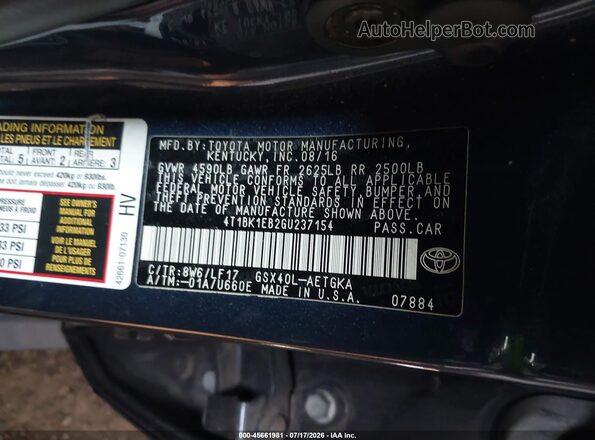 4T1BK1EB2GU237154 2016 TOYOTA AVALON Dark Blue ძრავის განყოფილების ხედი