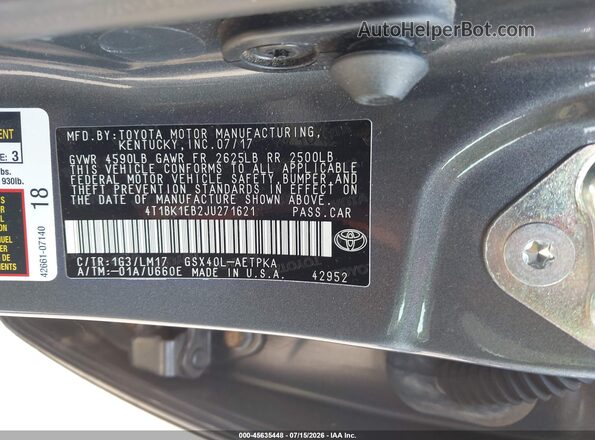 4T1BK1EB2JU271621 2018 TOYOTA AVALON Gray Engine compartment view