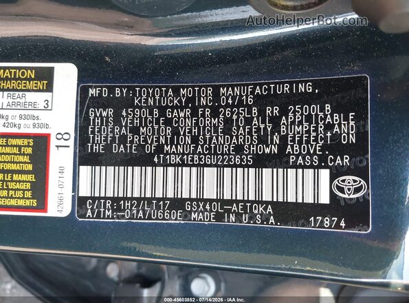 4T1BK1EB3GU223635 2016 TOYOTA AVALON Black Engine compartment view