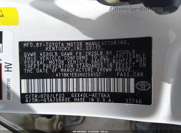 4T1BK1EB3HU259357 2017 TOYOTA AVALON White ძრავის განყოფილების ხედი