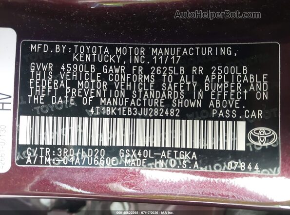 4T1BK1EB3JU282482 2018 TOYOTA AVALON Maroon Вид підкапотного простору