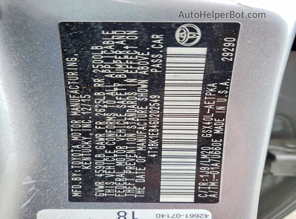 4T1BK1EB4GU202549 2016 TOYOTA AVALON Silver Vista de la etiqueta del VIN