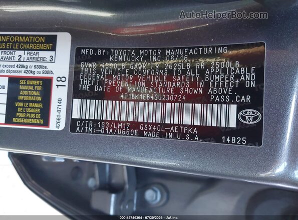 4T1BK1EB4GU230724 2016 TOYOTA AVALON Gray Вид підкапотного простору