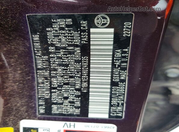 4T1BK1EB4HU248335 2017 TOYOTA AVALON Burgundy Engine compartment view