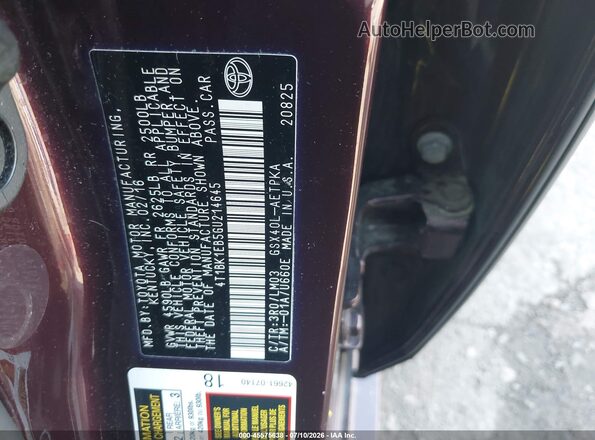 4T1BK1EB5GU214645 2016 TOYOTA AVALON Темно-бордовый Вид подкапотного пространства