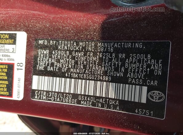 4T1BK1EB5GU234989 2016 TOYOTA AVALON Бордовый Вид подкапотного пространства
