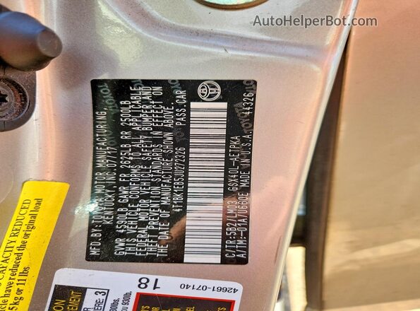 4T1BK1EB5JU272326 2018 TOYOTA AVALON Желто-коричневый Вид наклейки с VIN-кодом