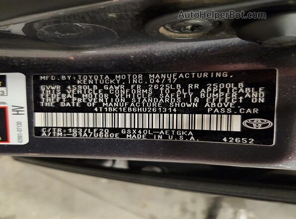 4T1BK1EB6HU261314 2017 TOYOTA AVALON Gray Շարժիչի բաժամունքի տեսք