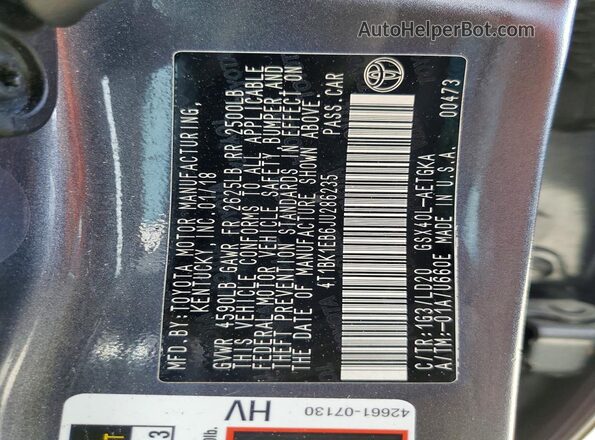 4T1BK1EB6JU286235 2018 TOYOTA AVALON Gray Widok komory silnika