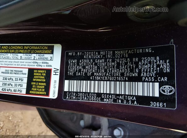 4T1BK1EB7GU216574 2016 TOYOTA AVALON Brown Engine compartment view