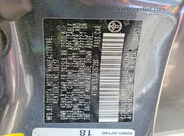 4T1BK1EB7JU267290 2018 TOYOTA AVALON Gray VIN კოდის სტიკერის ხედი