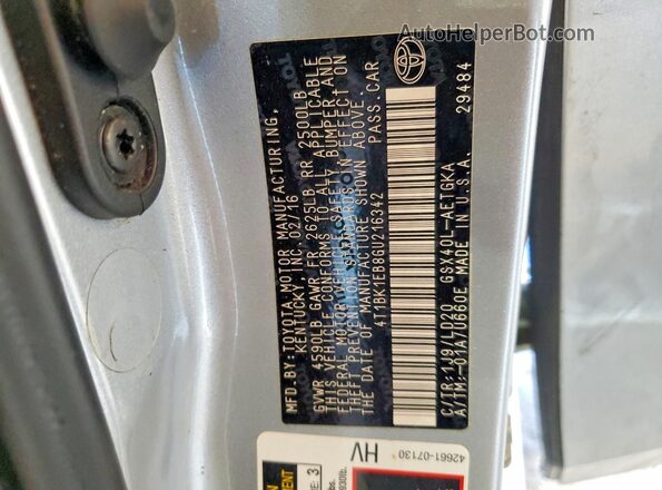 4T1BK1EB8GU216342 2016 TOYOTA AVALON Silver Вид підкапотного простору