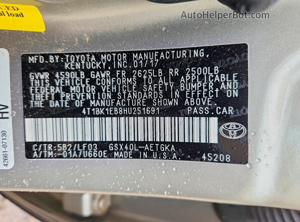 4T1BK1EB8HU251691 2017 TOYOTA AVALON Gold Vista del compartimento del motor