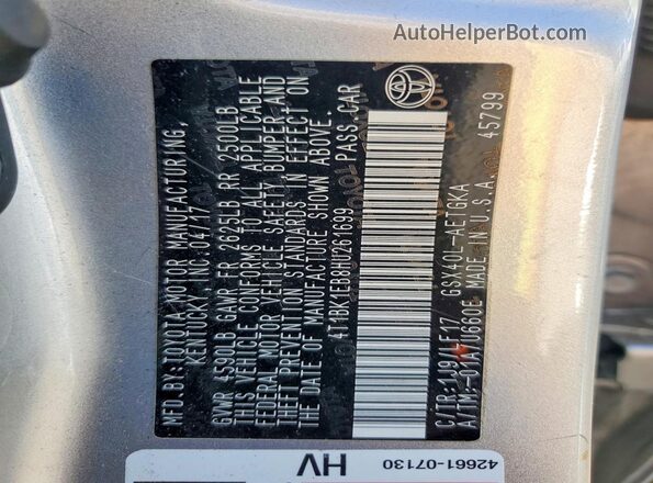 4T1BK1EB8HU261699 2017 TOYOTA AVALON Серебряный Вид подкапотного пространства