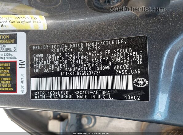 4T1BK1EB9GU237734 2016 TOYOTA AVALON Серый Вид подкапотного пространства