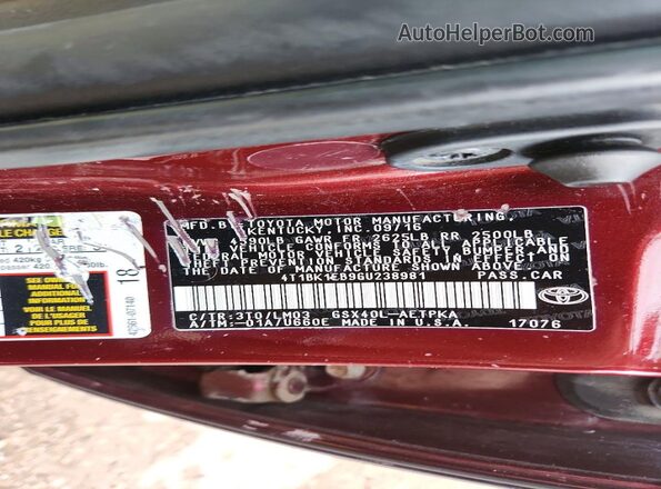 4T1BK1EB9GU238981 2016 TOYOTA AVALON Burgundy ძრავის განყოფილების ხედი