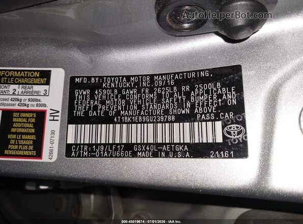 4T1BK1EB9GU239788 2016 TOYOTA AVALON Silver Vista del compartimento del motor