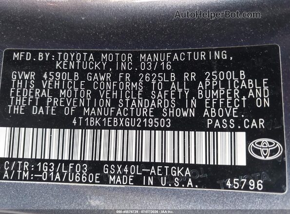 4T1BK1EBXGU219503 2016 TOYOTA AVALON Серый Вид подкапотного пространства