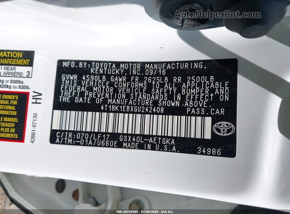 4T1BK1EBXGU242408 2016 TOYOTA AVALON White ძრავის განყოფილების ხედი