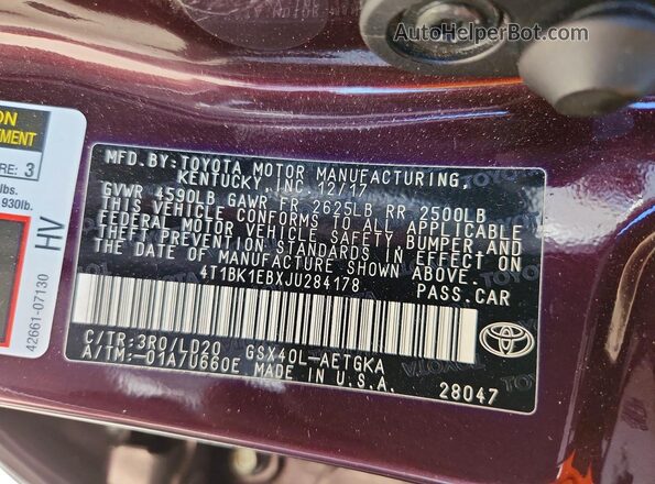 4T1BK1EBXJU284178 2018 TOYOTA AVALON Burgundy ძრავის განყოფილების ხედი
