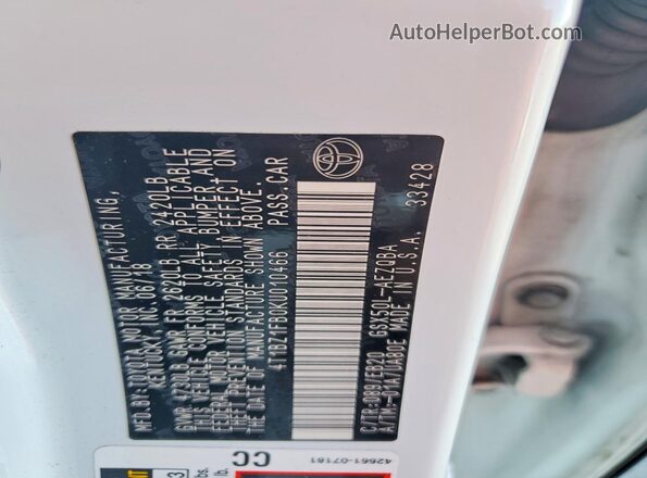 4T1BZ1FB0KU010466 2019 TOYOTA AVALON Белый Вид подкапотного пространства