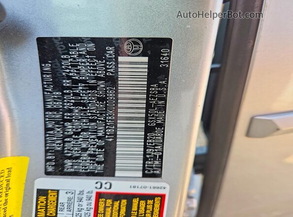4T1BZ1FB3KU009862 2019 TOYOTA AVALON Серебряный Вид наклейки с VIN-кодом
