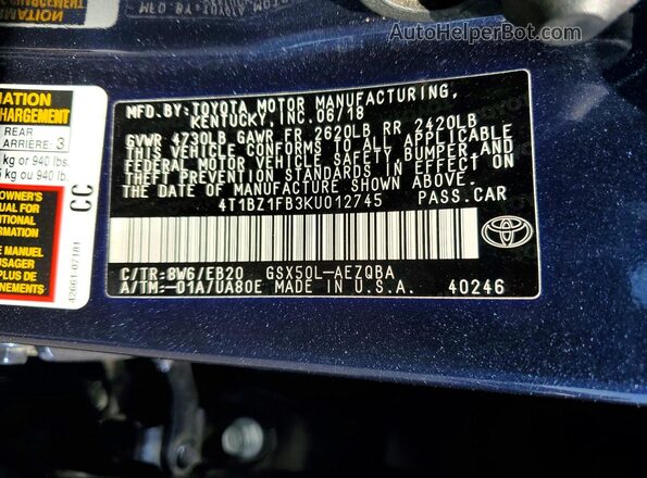 4T1BZ1FB3KU012745 2019 TOYOTA AVALON Blue Вид наклейки з VIN-кодом