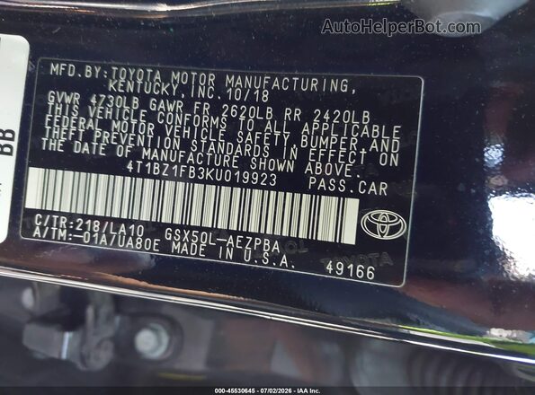 4T1BZ1FB3KU019923 2019 TOYOTA AVALON Black Widok komory silnika