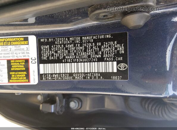 4T1BZ1FB3KU027245 2019 TOYOTA AVALON Dark Blue Շարժիչի բաժամունքի տեսք