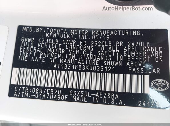 4T1BZ1FB3KU035121 2019 TOYOTA AVALON White Widok komory silnika