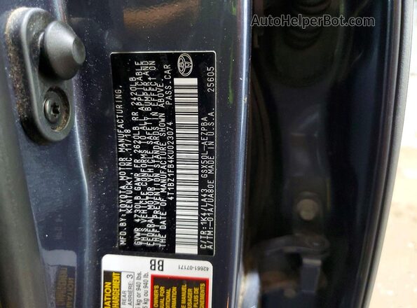 4T1BZ1FB4KU023074 2019 TOYOTA AVALON Blue Engine compartment view