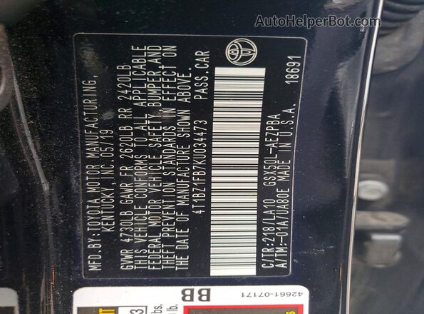 4T1BZ1FB7KU034473 2019 TOYOTA AVALON Black Շարժիչի բաժամունքի տեսք