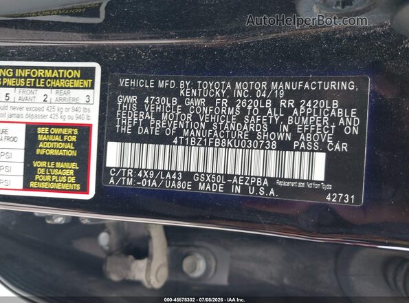4T1BZ1FB8KU030738 2019 TOYOTA AVALON Бордовый Вид подкапотного пространства