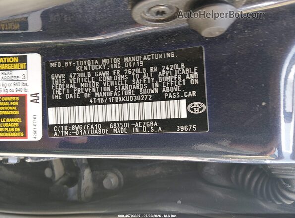 4T1BZ1FBXKU030272 2019 TOYOTA AVALON Синий Вид подкапотного пространства