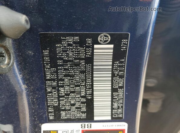 4T1BZ1FBXKU033995 2019 TOYOTA AVALON Blue ძრავის განყოფილების ხედი