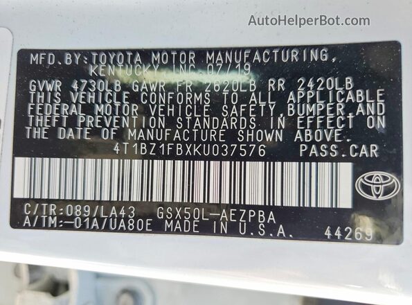4T1BZ1FBXKU037576 2019 TOYOTA AVALON White Vista del compartimento del motor