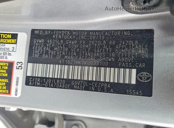 4T1BZ1HK0KU033100 2019 TOYOTA CAMRY Gray Շարժիչի բաժամունքի տեսք
