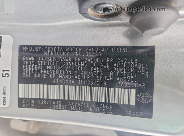 4T1C11AK1LU367319 2020 TOYOTA CAMRY Silver Engine compartment view