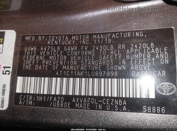 4T1C11AK1LU897998 2020 TOYOTA CAMRY Gray ძრავის განყოფილების ხედი