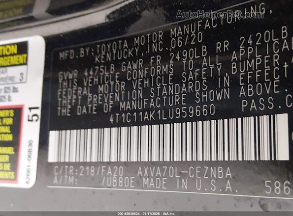 4T1C11AK1LU959660 2020 TOYOTA CAMRY Black Engine compartment view