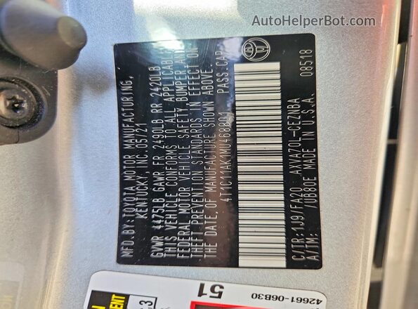 4T1C11AK1MU468801 2021 TOYOTA CAMRY Silver Շարժիչի բաժամունքի տեսք