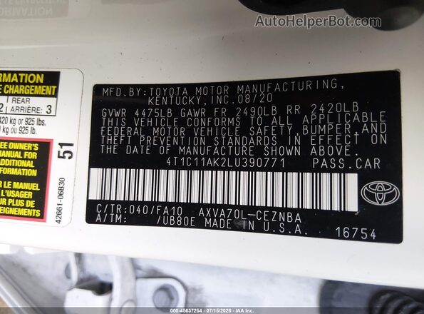 4T1C11AK2LU390771 2020 TOYOTA CAMRY White Widok komory silnika