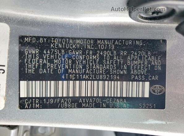 4T1C11AK2LU892194 2020 TOYOTA CAMRY Серебряный Вид подкапотного пространства