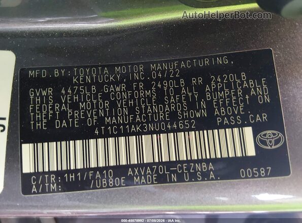 4T1C11AK3NU044652 2022 TOYOTA CAMRY Gray Engine compartment view