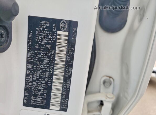 4T1C11AK4LU510490 2020 TOYOTA CAMRY White Вид наклейки з VIN-кодом