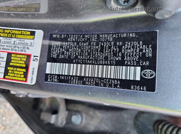 4T1C11AK4LU884615 2020 TOYOTA CAMRY Gray Շարժիչի բաժամունքի տեսք