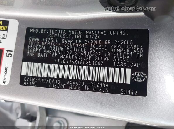 4T1C11AK4RU891007 2024 TOYOTA CAMRY Silver Շարժիչի բաժամունքի տեսք